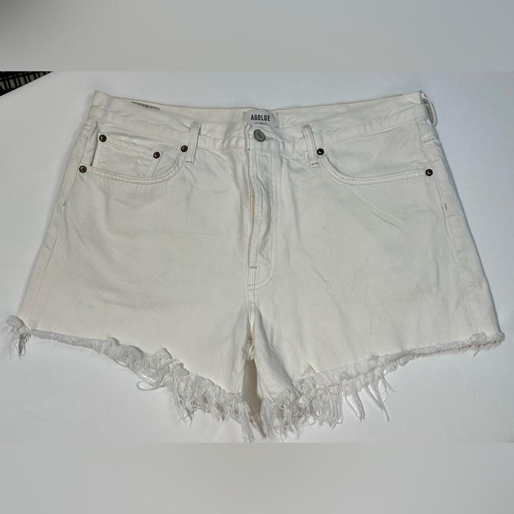Agolde Parker Long Frayed Shorts in Panna Cotta, Women’s Size 33